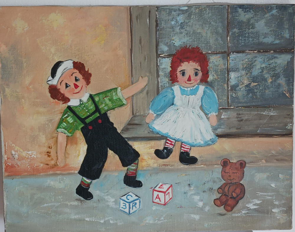 Vintage Framed Painting Children’s Room Raggedy Ann and Andy Very Cute Original