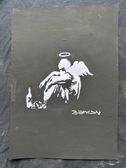 BANKSY drawing and painting on old paper signed stamped vintage