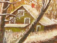 ORIGINAL 19th Century Oil on Canvas RIVER CABIN Signed GEO. Period Gesso Frame