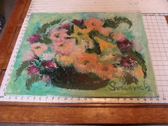 Original ROSE SUSLOVICH ART: ORANGE PURPLE FLOWERS, signed, 20X24″, on masonite