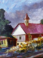 Original Signed Colorful Painting Landscape Church Expressionist, Vtg Wood Frame