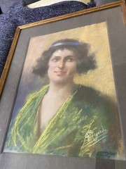 ::PASTEL WOMAN LADY WITH HEADBAND IN GREEN DRESS °ILLEGIBLE SIGNED FRAME