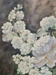 Vintage Oil Painting Floral Roses Signed Large 33.75 X 27.5 White Pink Green