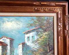 VINTAGE OIL PAINTING „FRENCH MARKET“ SIGNED FRAMED WOOD CARVED FRAME