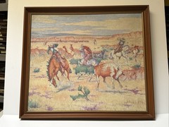 Antique Painting Cowboy Western Wrangler Cow Horse Large 1930’s Landscape Frese