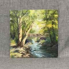 Delander Art, “River Bridge ” Original Oil Landscape Spring Colors 6×6 Canvas