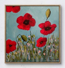 Mary Myers Original Red Poppies 14×14 Acrylic Signed Expressionist Floral