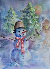 Original watercolor painting signed, new, 6/8 inches, unframed, „Winter Evening“