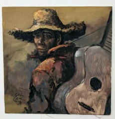 Salvador Cabrera Filipino O/C Painting Musician with Guitar – LARGE! 31″ X 31″