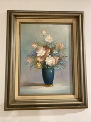 Vintage Robert Cox painting in frame. Original oil on canvas. Flowers in vase.