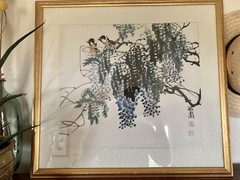 Gorgeous Asian Chinese Japanese Painting 2 Birds MCM Signed Gold Fran 22inx24in