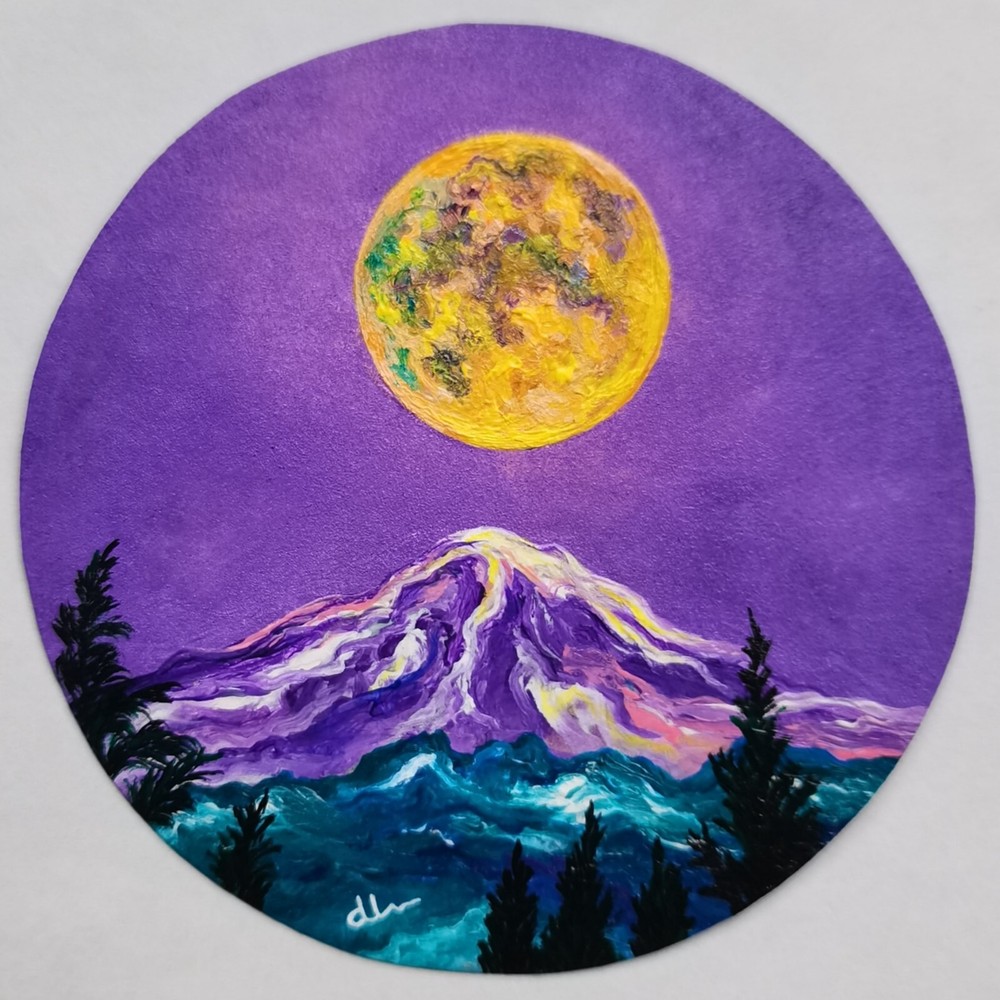 Original Miniature Acrylic Painting Vintage Art Purple Moonlight Signed ATC