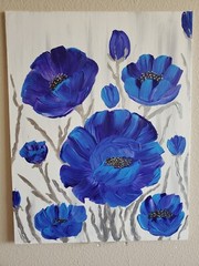 Handmade Painting Acrylic Art Panel 14x11x1/16 Decor Blue Poppies Flowers