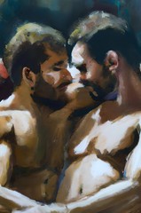 Original gay LGBTQ art giclée painting „Shadows Entwined – Eagle Backroom“ signd