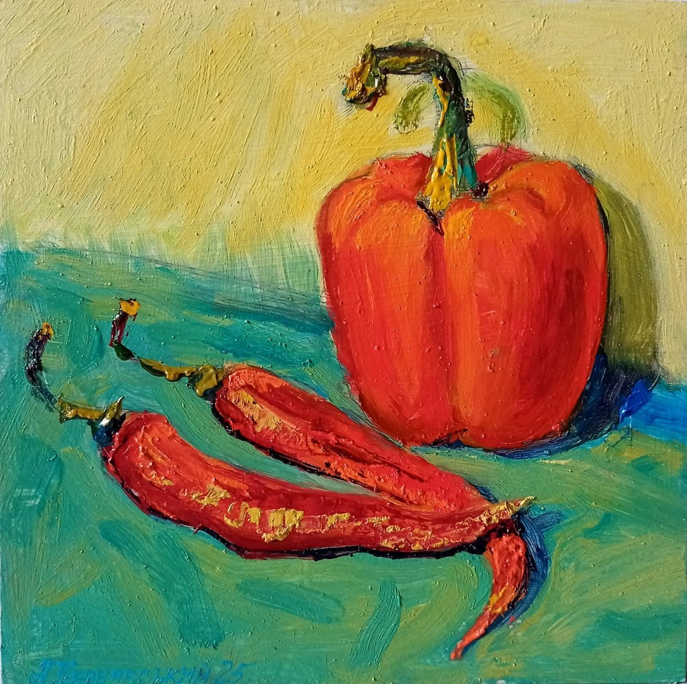 Peppers Impasto Painting Original Art Impression Oil Painting 9.8 x 9.8 in