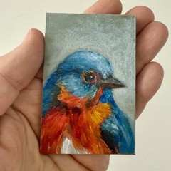 Original Miniature Oil Painting Bluebird Bird Art 2×3 Inch Panel