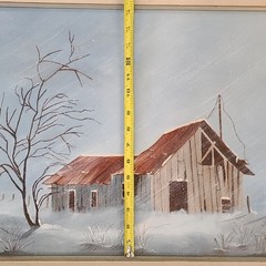 Winter Scene Country Barn Tree Snow Framed Painting 25×21 in Signed Jenny May