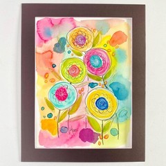 Happy Day Original Art Colorful Child Like Flowers Watercolor Painting 11x14in