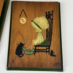 2 Vintage Hand Painted Child & Black Cat Wooden Art Wall Plaque Hanging Decor