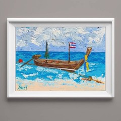 Pleasure Boat Painting Seascape Skiff Original Wall Art 6×8′ Ocean Shallop