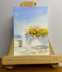 ACEO Original Watercolor Painting Flowers White Wall Seaside Landscape OOAK