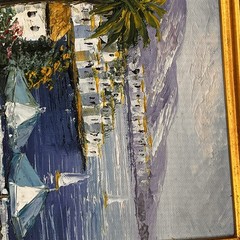 Signed Mediterranean Coastal Village Palette Knife Oil Painting Framed
