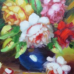 Miniature Floral Still Life Oil Painting PEONIES Signed Marin Framed 10.75×8.75