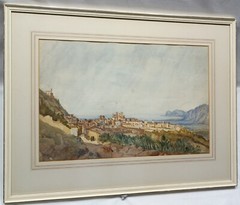 19TH/20TH C. ANTIQUE WATERCOLOUR PAINTING OF A CONTINENTAL COASTAL TOWN SCENE.