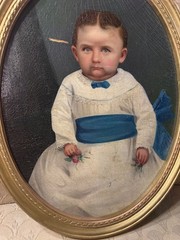 Antique American School Child Portrait Oil Painting Oval Gilt Frame c1890-1910
