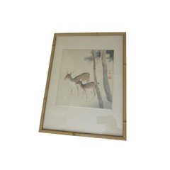 Vintage Japanese Deer Original Painting Signed Takashimaya NY Bamboo Frame