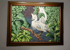 50s Paint By Number Crane White Bird Heron Tropical Garden Framed Art Vtg