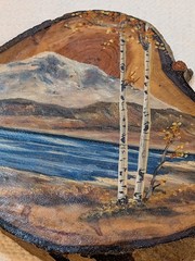 Hand Painted Art Oil Painting On Wood Slab Waterfall Snow Mountains Aspen Trees