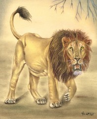 Animal Miniature Painting Of Lion Handmade Vintage Art On Paper 10.5×13.5 Inches