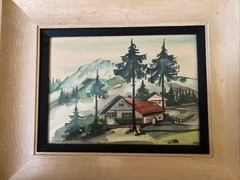 Framed Watercolor Print/Painting original Signed Cabin In The Woods by Robbi..?