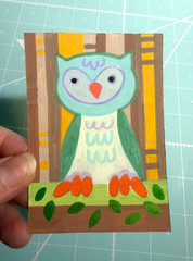 ACEO Original Acrylic abstract owl blue green Painting Collectible Heavy Paper