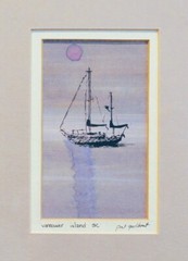 Pat Godbout – Watercolor Painting Vancouver Island BC Sailing Ship at Sea Sunset