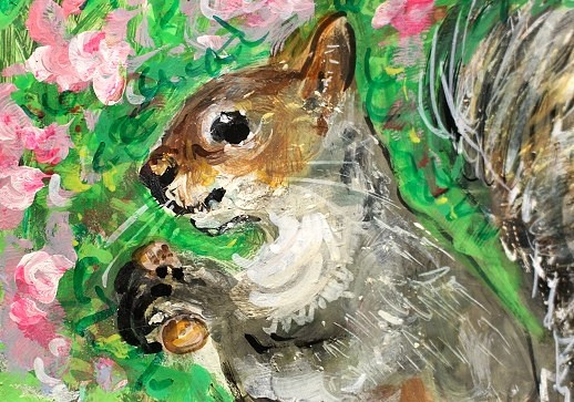 ORIGINAL ACEO Painting Grey SQUIRREL & Nut Spring Flowers Animal Nature ATC ART