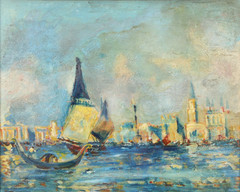 Venice Oil Painting Circa 1900 Impressionism Lagoon City Gondola Sailboat