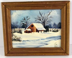 5″ Miniature Oil Painting Canvas Lea Mikel Winter Houses Rustic Landscape #84