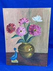 C.1965 Oil on Canvas Board STILL LIFE 16″ x 12″ Flowers in Vase & Bird
