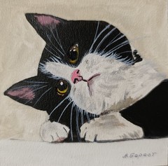 Original Black White Tuxedo Cat Oil Painting Framed Miniature Art 4×4 Cute Kitte