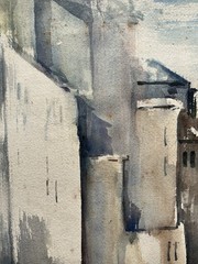 Mid Century 60s Adele Hepbron AWS Signed Modernist Cityscape Watercolor Painting