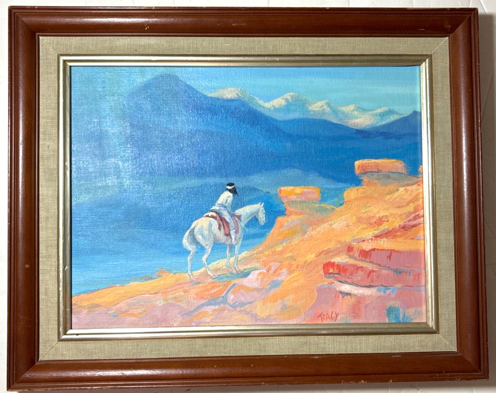 Native American South West Indian on White Horse Landscape Painting 12×16