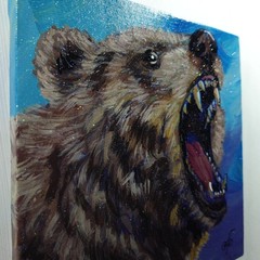 Original Acrylic Painting Roaring Grizzly Bear Portrait Small Hand Painted Art