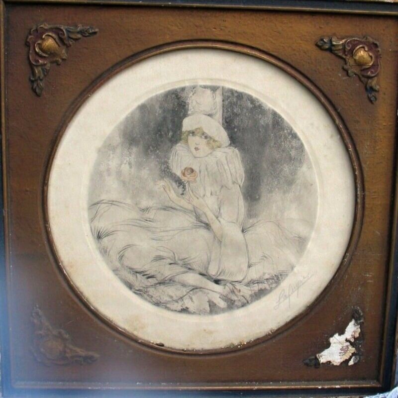 Art Deco Signed Color Etching Lea Lafugie – Vintage Flapper Lady Framed