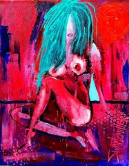 Colorful LADY PAINTING original SWARTZMILLER DNA SIGNED ART Upcycled CB 18×24