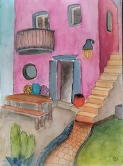 Original Watercolor Painting R Baker-Kates Vintage House Fauvism Boho Chic