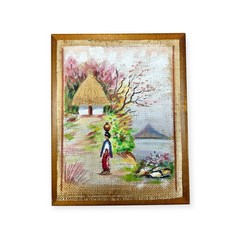 SET VTG HAND PAINTED OIL CANVAS WALL TAPESTRY PAINTING SET MCM COUNTRY FOLK ART