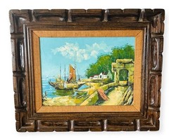 Vintage Original Framed Coastal Harbor Seascape Oil Painting