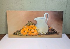 Vintage Orange Poppies Flowers Pitcher Still Life Canvas Painting Signed 24×12